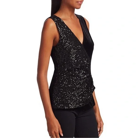 Bailey 44 Eva Sequin Velvet Surplice Wrap Tank Top Large Black Sparkly Sexy - Picture 3 of 16